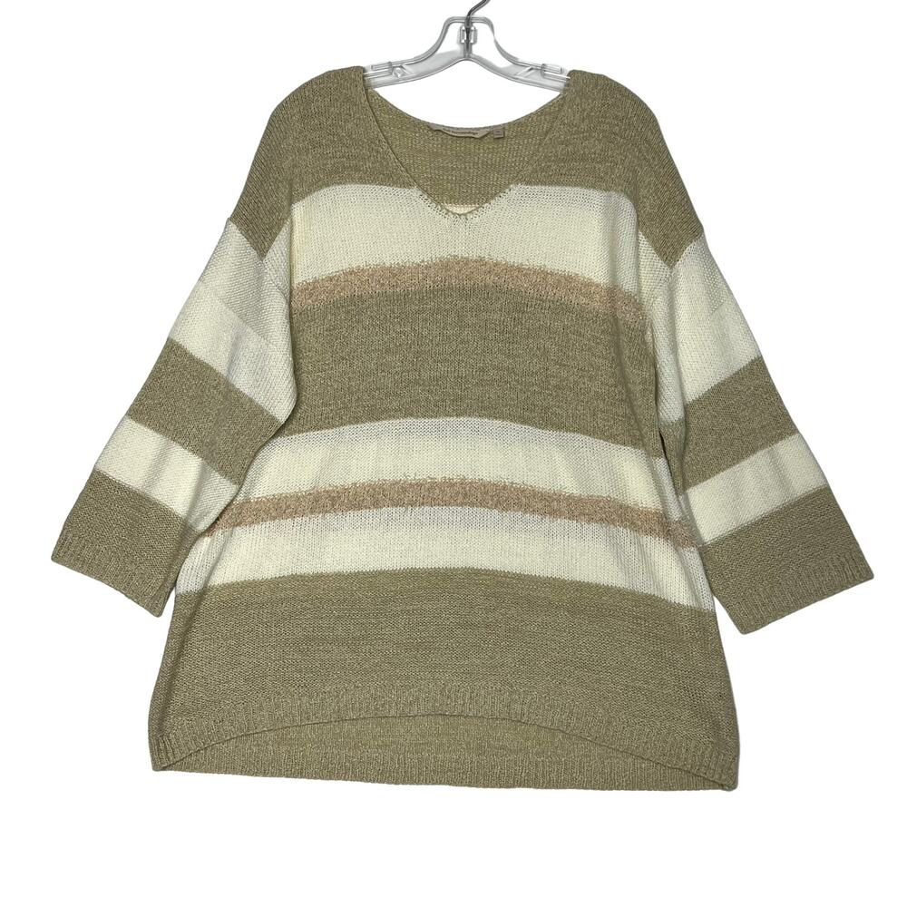 Soft Surroundings Saja Sweater Natural Stripe 3/4 Sleeve Tan Cream Womens XL